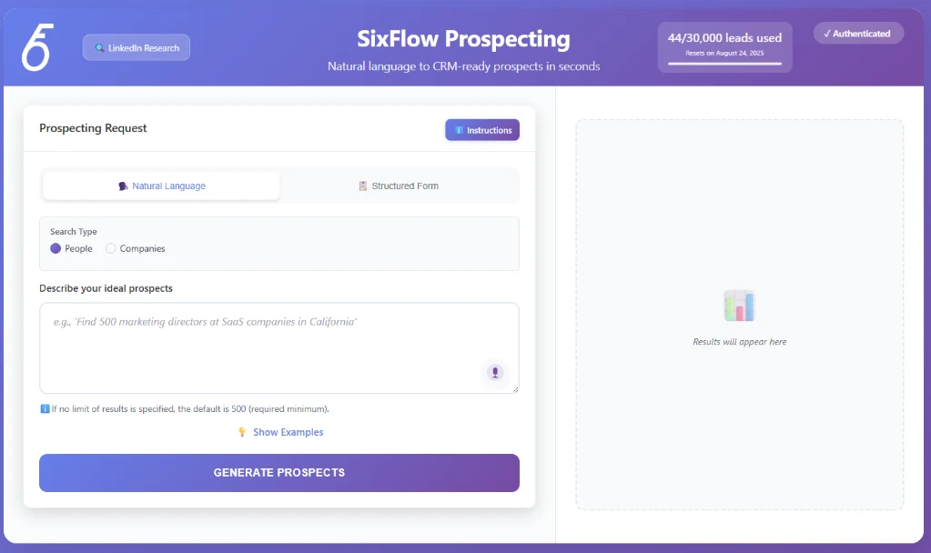 The prospecting web app: natural-language prompt box with live usage quota