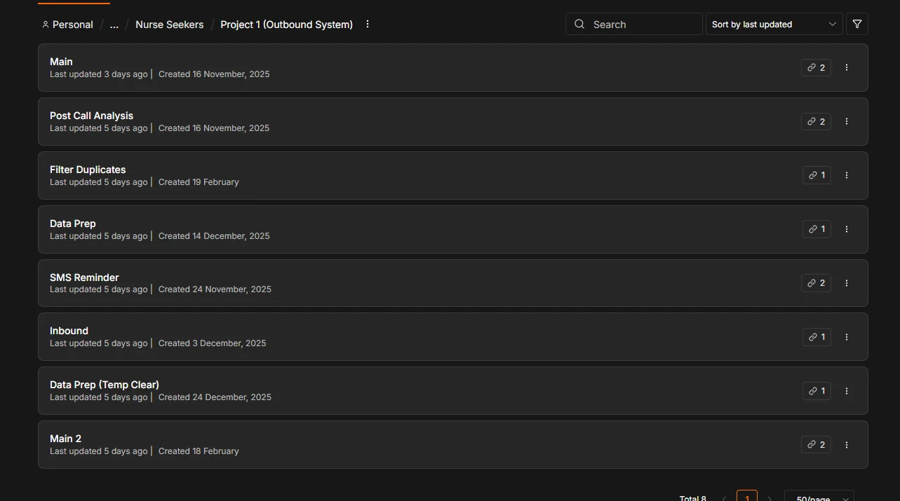 The outbound system's eight workflows in the n8n project folder