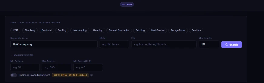 The search form with niche quick-select chips and advanced filters
