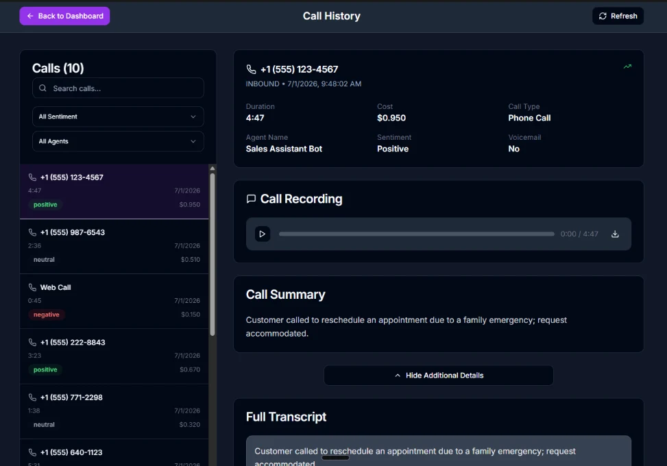 Call history with per-call recording, summary, sentiment, and full transcript